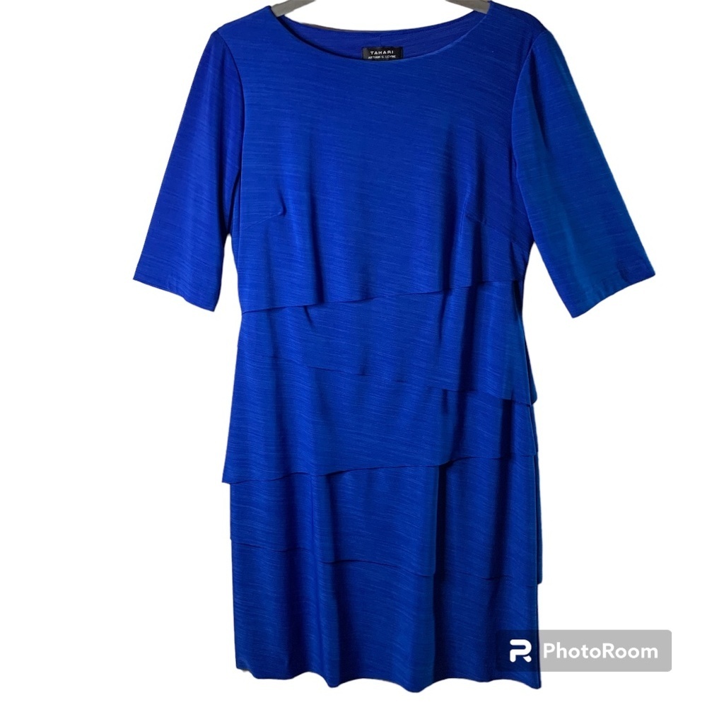 Tahari ASL Dress Size 8 Cobalt Blue Layered Skirt 3/4 Length Sleeves Career